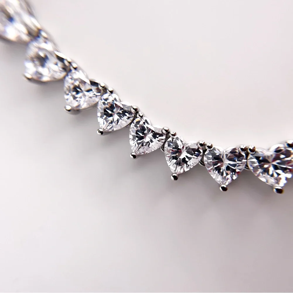 Silver Toned Heart Shaped Cubic Zirconia Tennis Necklace. 22 Inches. - Picture 11 of 13